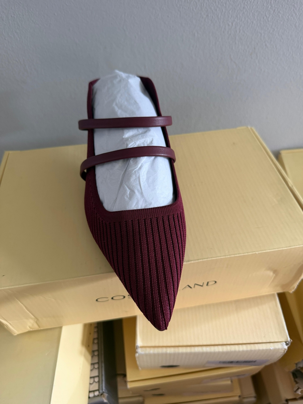 Pointed Burgundy Knit Mary Jane Mini Heels with Double Straps